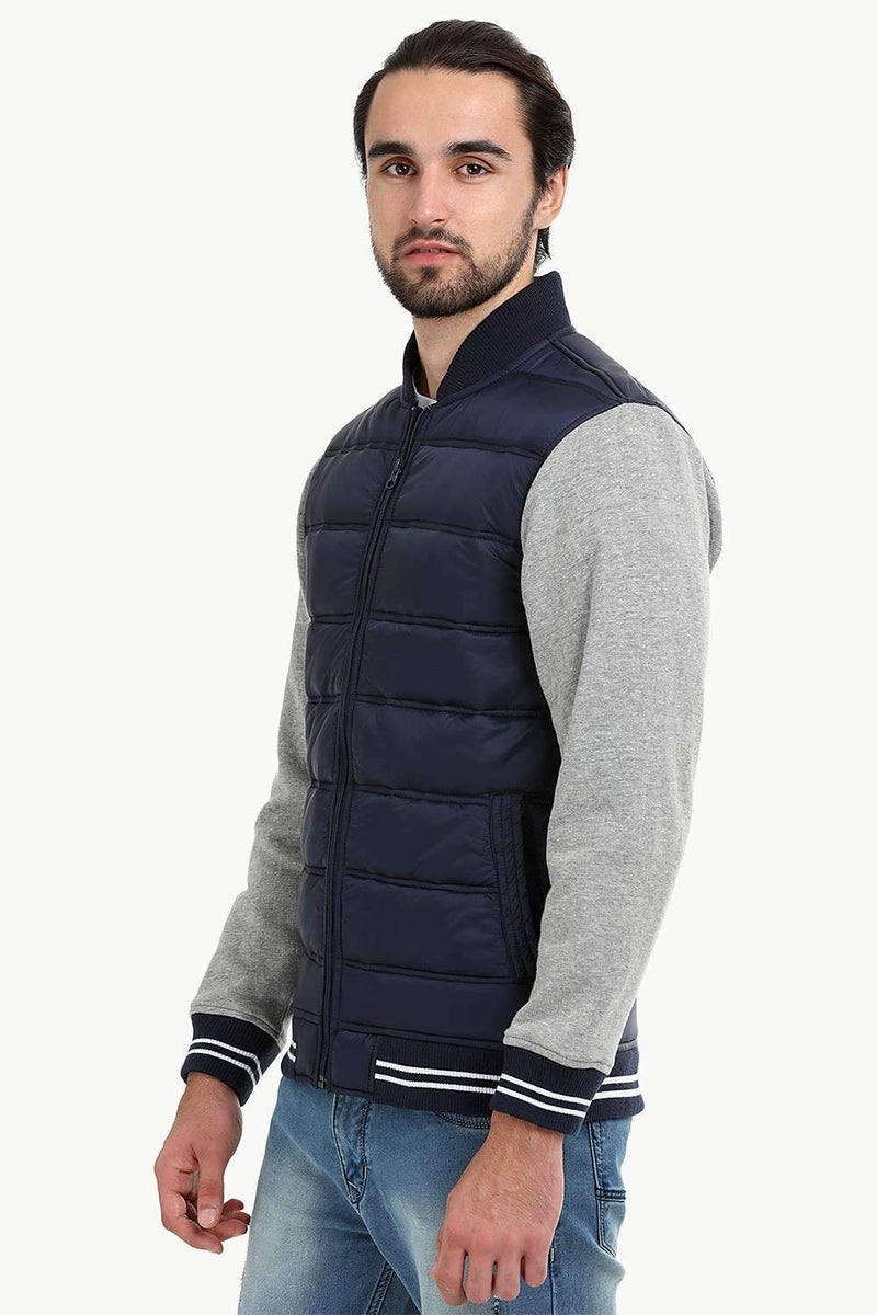 Padded Knit Sleeve Navy Zipper Jacket