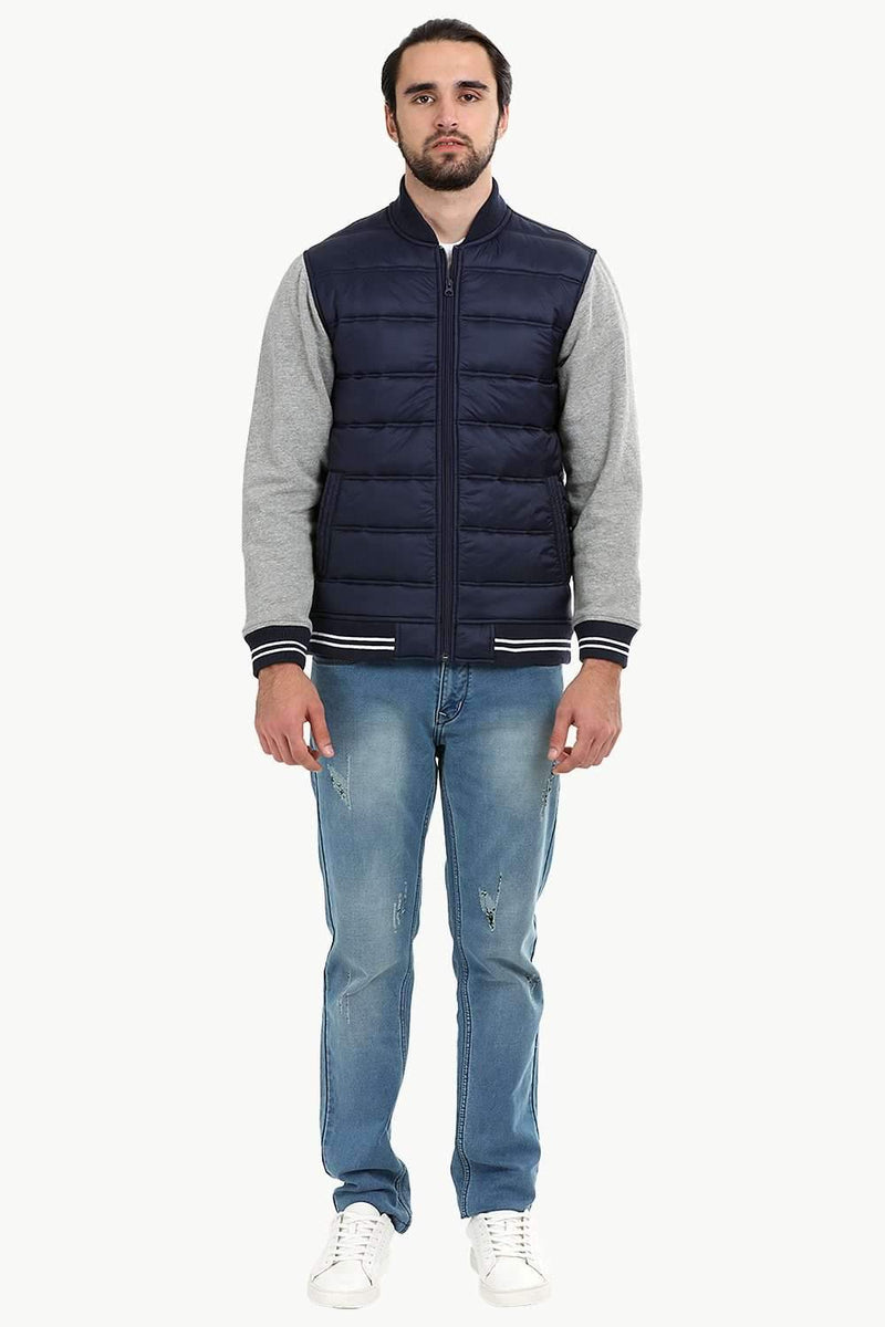 Padded Knit Sleeve Navy Zipper Jacket