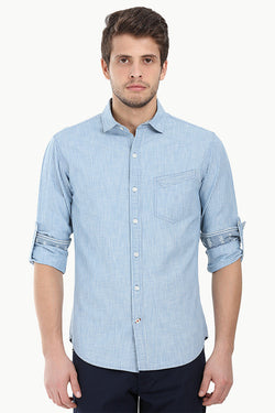Pinstripe Cotton Denim Roll Up Sleeve Shirt