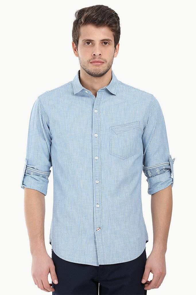 Pinstripe Cotton Denim Roll Up Sleeve Shirt