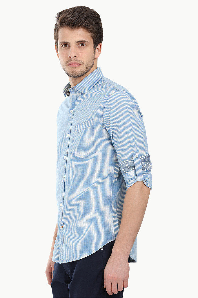 Pinstripe Cotton Denim Roll Up Sleeve Shirt