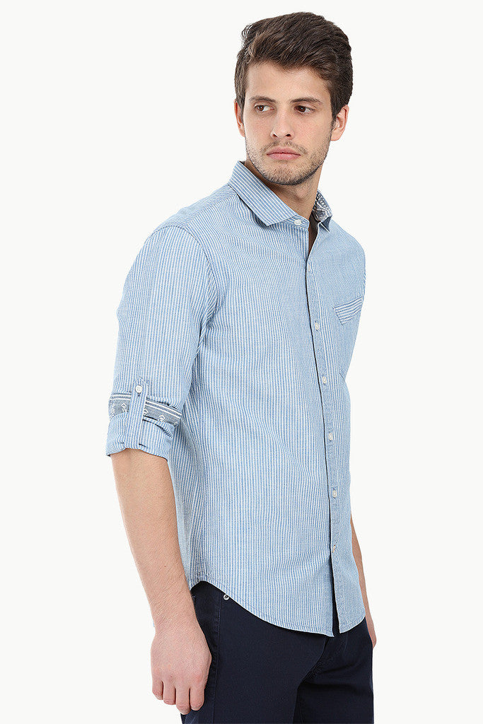 Pinstripe Cotton Denim Roll Up Sleeve Shirt