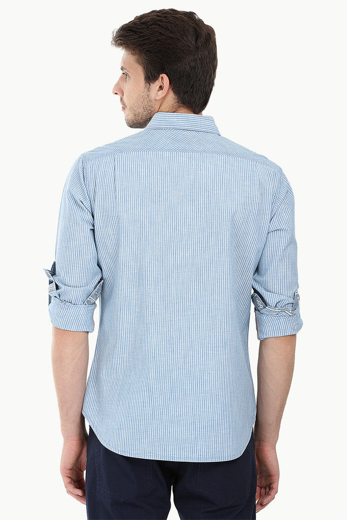 Pinstripe Cotton Denim Roll Up Sleeve Shirt