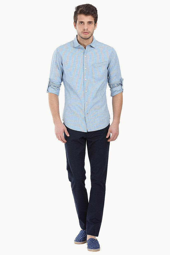 Pinstripe Cotton Denim Roll Up Sleeve Shirt