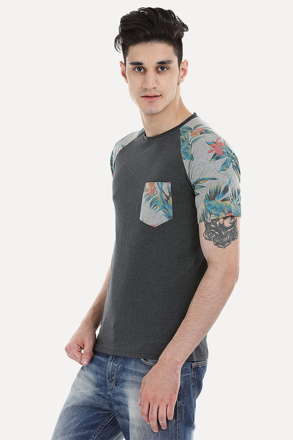 Raglan Tee With Floral Printed Block