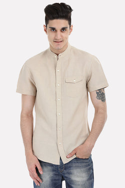 Short Sleeve Band-Collar Linen/Cotton Shirt