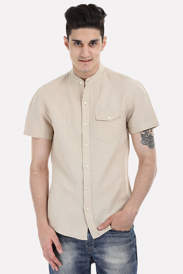 Short Sleeve Band-Collar Linen/Cotton Shirt