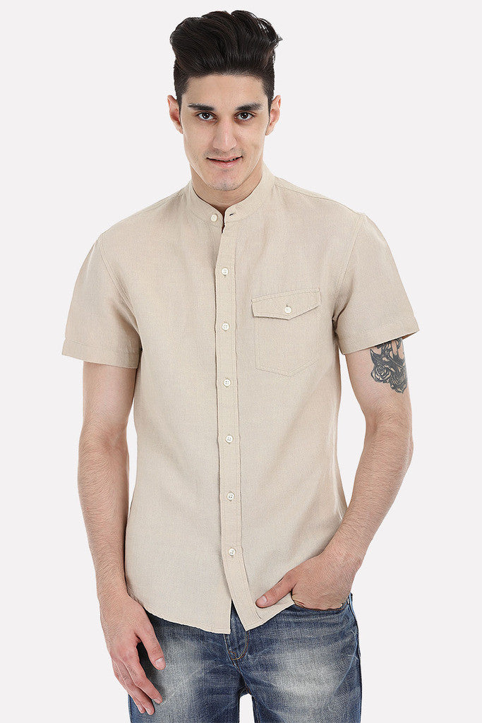 Short Sleeve Band-Collar Linen/Cotton Shirt