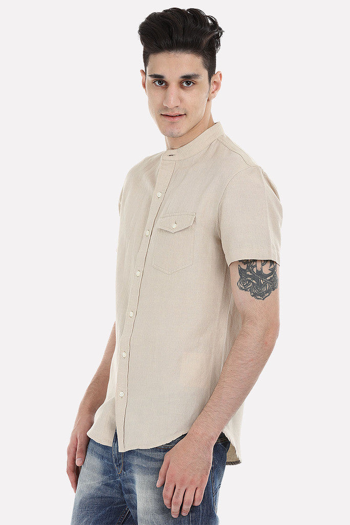 Short Sleeve Band-Collar Linen/Cotton Shirt
