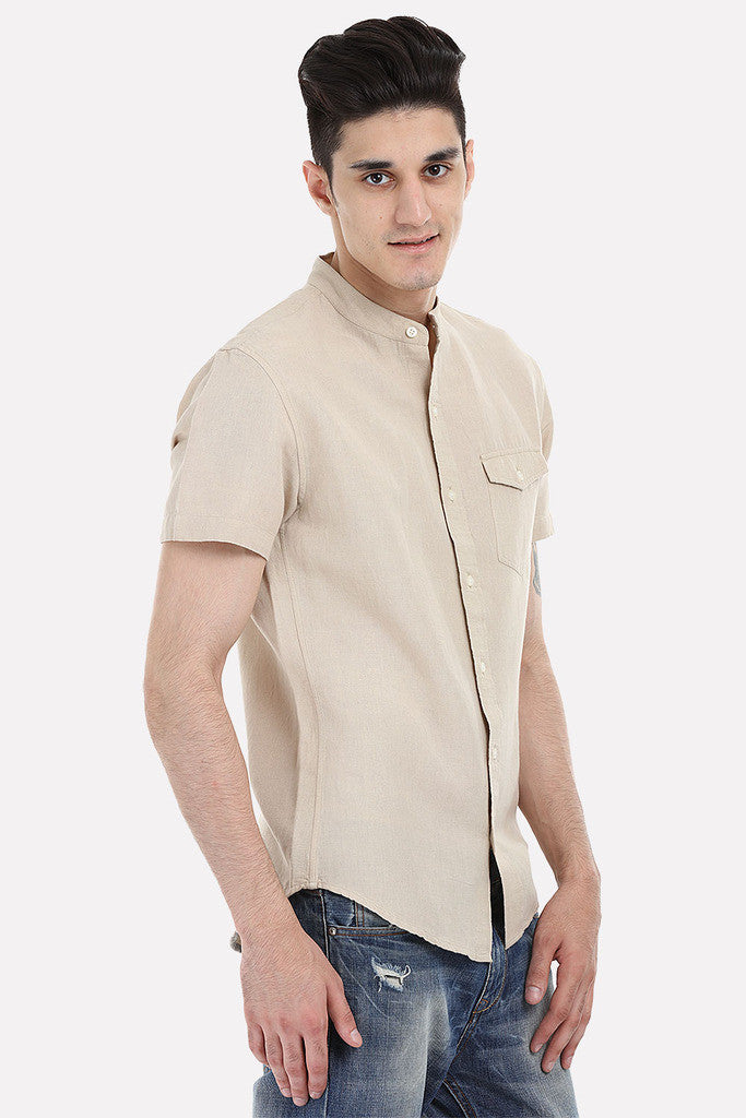 Short Sleeve Band-Collar Linen/Cotton Shirt