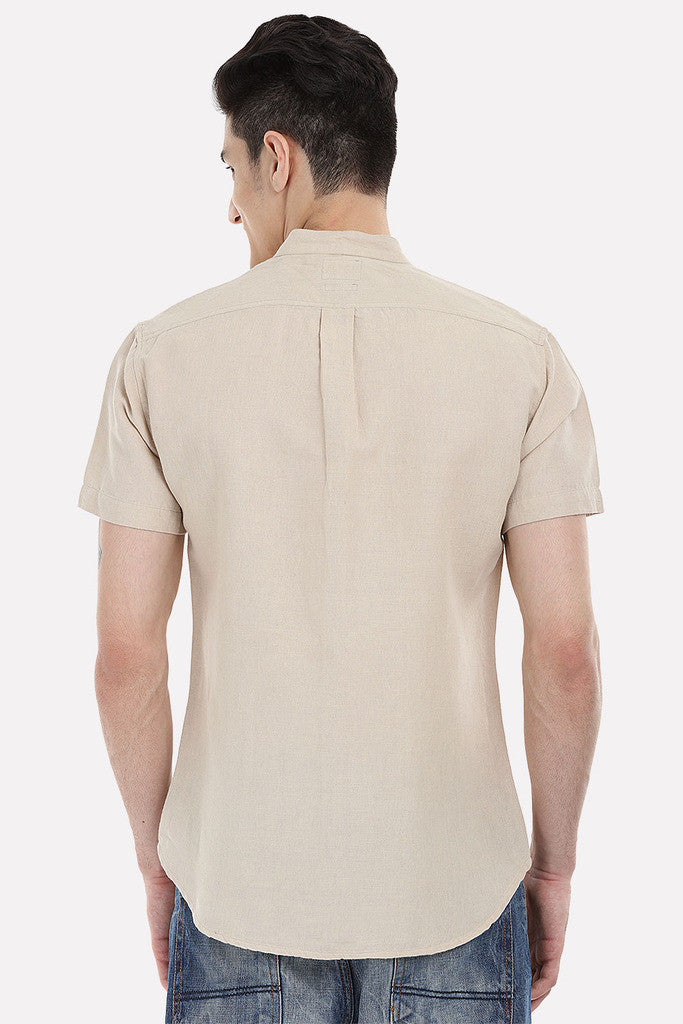 Short Sleeve Band-Collar Linen/Cotton Shirt