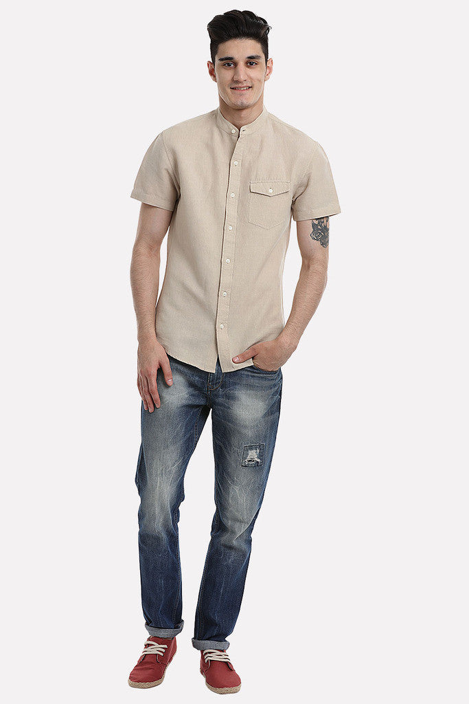 Short Sleeve Band-Collar Linen/Cotton Shirt
