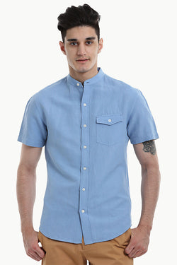 Short Sleeve Band-Collar Linen/Cotton Shirt