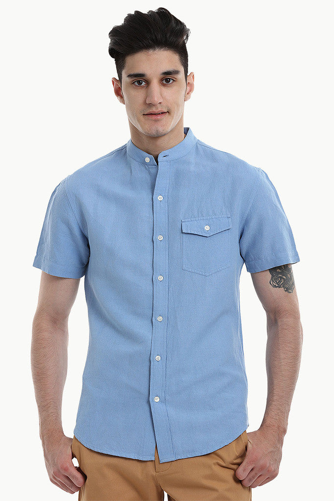 Short Sleeve Band-Collar Linen/Cotton Shirt