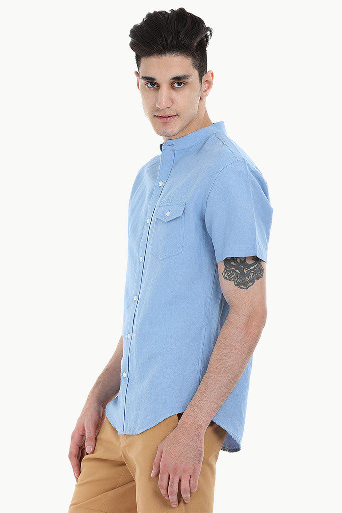 Short Sleeve Band-Collar Linen/Cotton Shirt