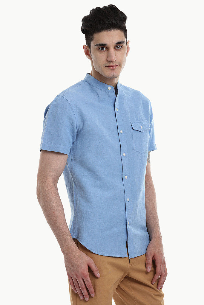 Short Sleeve Band-Collar Linen/Cotton Shirt