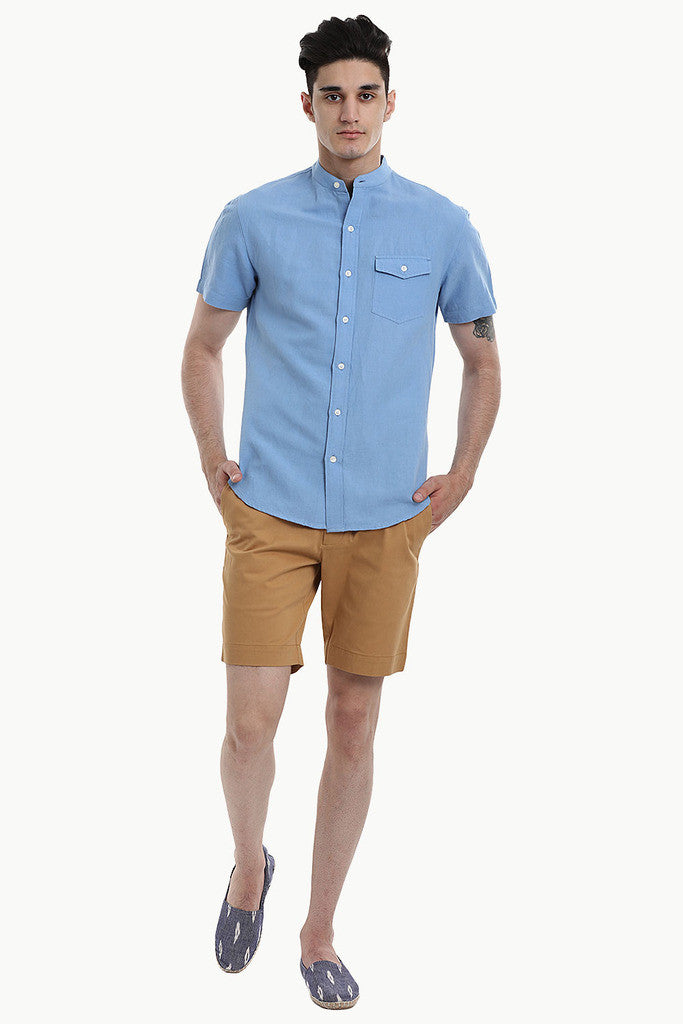 Short Sleeve Band-Collar Linen/Cotton Shirt