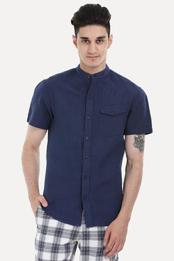 Short Sleeve Band-Collar Linen/Cotton Shirt