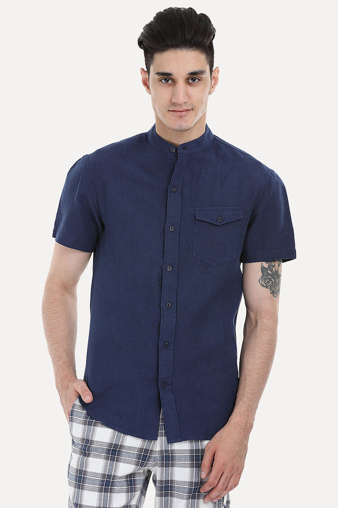 Short Sleeve Band-Collar Linen/Cotton Shirt