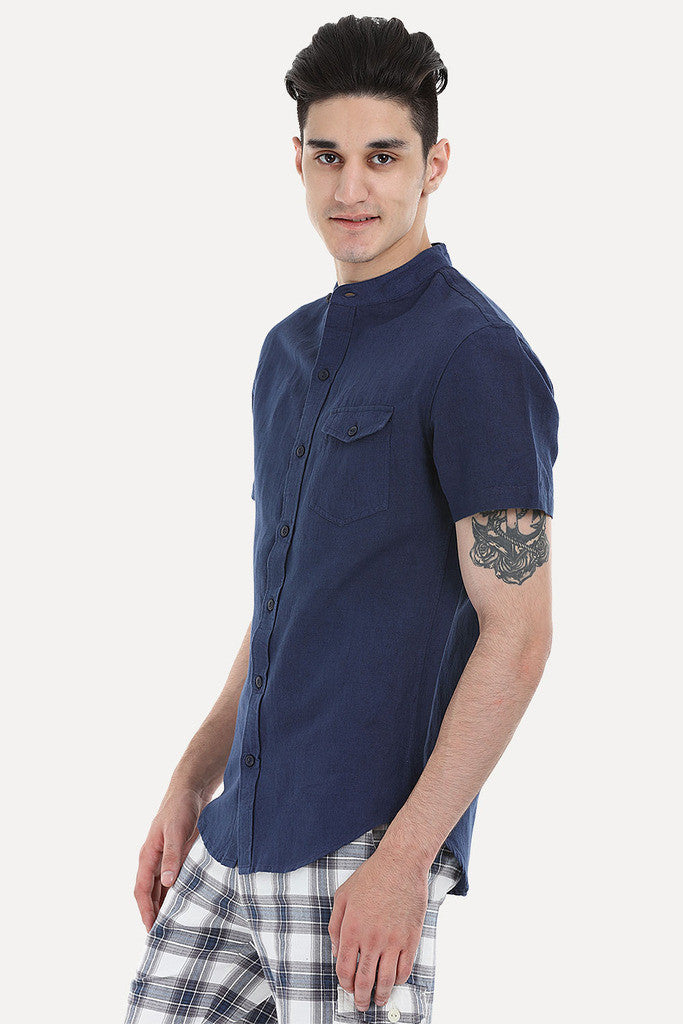 Short Sleeve Band-Collar Linen/Cotton Shirt