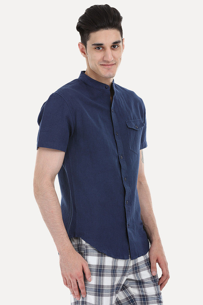 Short Sleeve Band-Collar Linen/Cotton Shirt