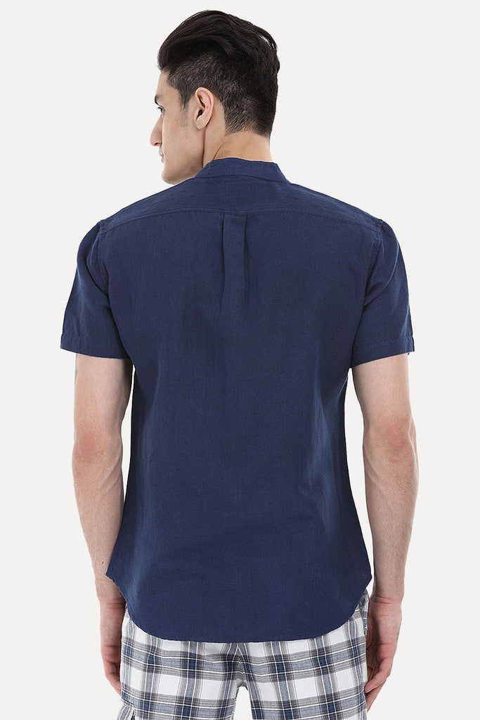 Short Sleeve Band-Collar Linen/Cotton Shirt