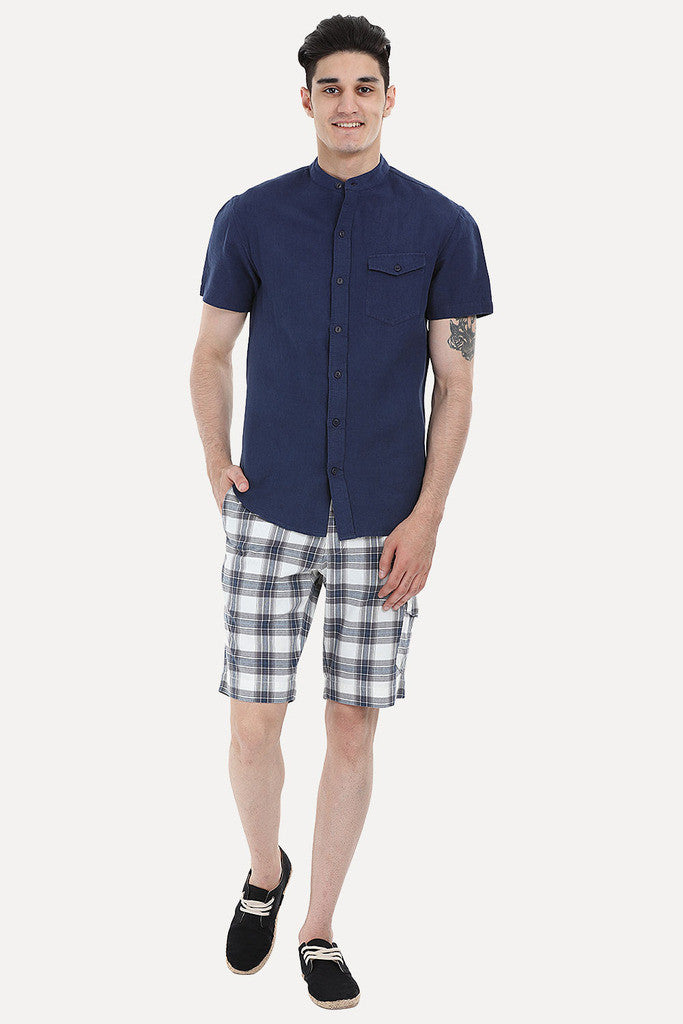 Short Sleeve Band-Collar Linen/Cotton Shirt