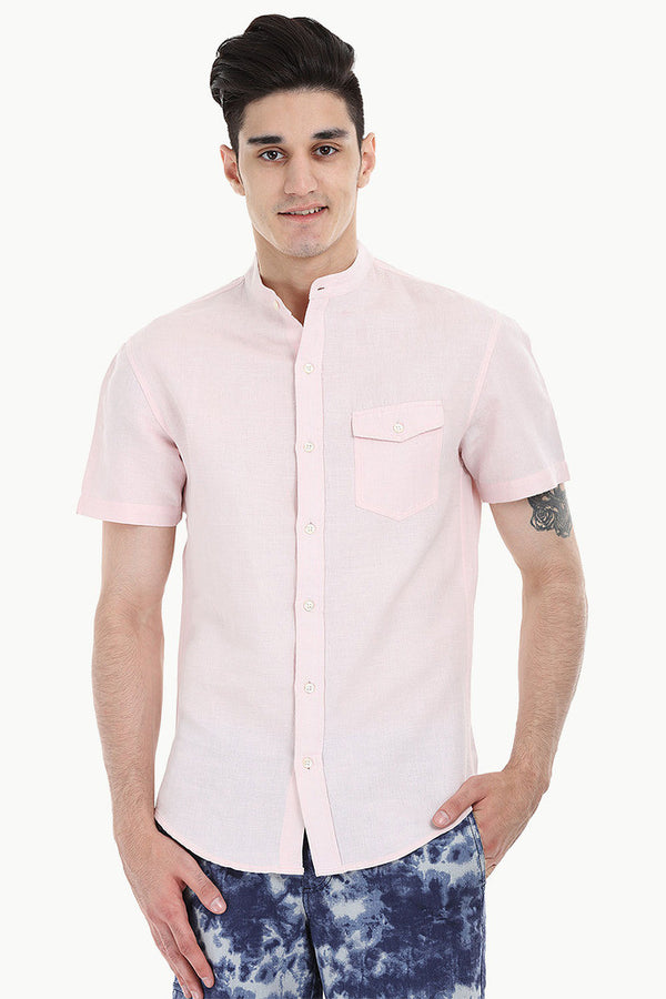 Short Sleeve Band-Collar Linen/Cotton Shirt