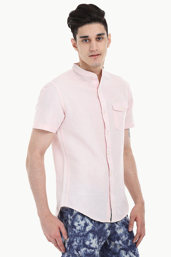 Short Sleeve Band-Collar Linen/Cotton Shirt