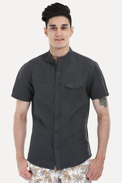Short Sleeve Band-Collar Linen/Cotton Shirt