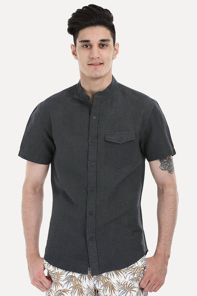 Short Sleeve Band-Collar Linen/Cotton Shirt