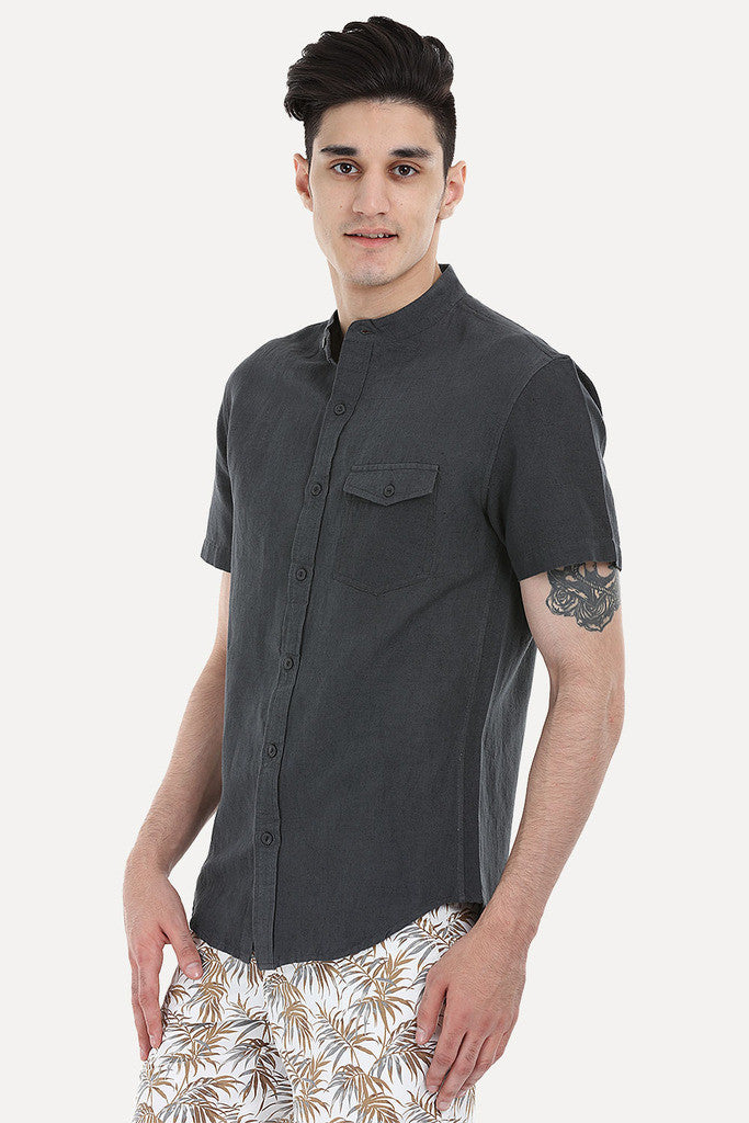 Short Sleeve Band-Collar Linen/Cotton Shirt
