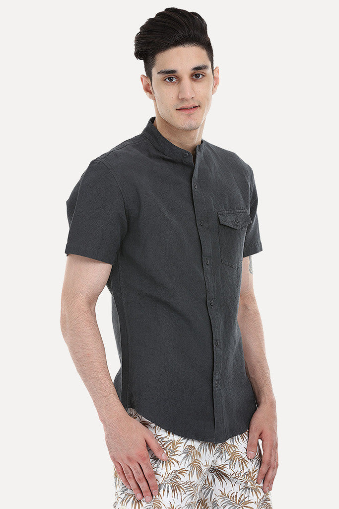 Short Sleeve Band-Collar Linen/Cotton Shirt
