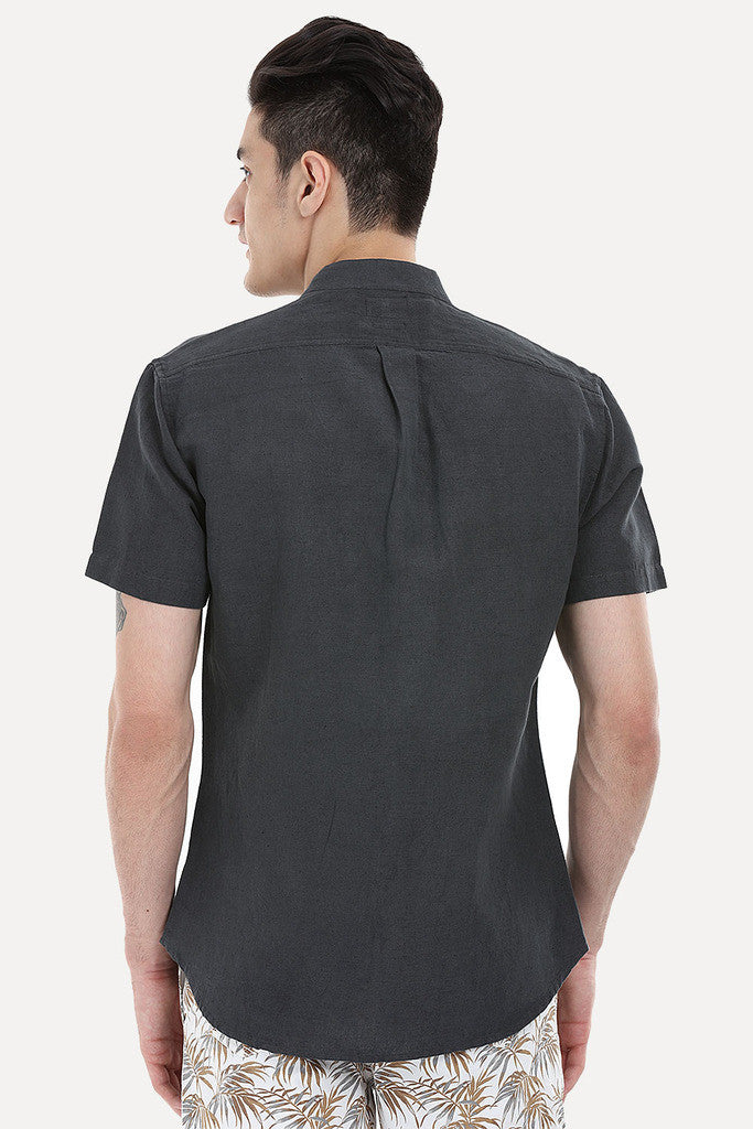 Short Sleeve Band-Collar Linen/Cotton Shirt