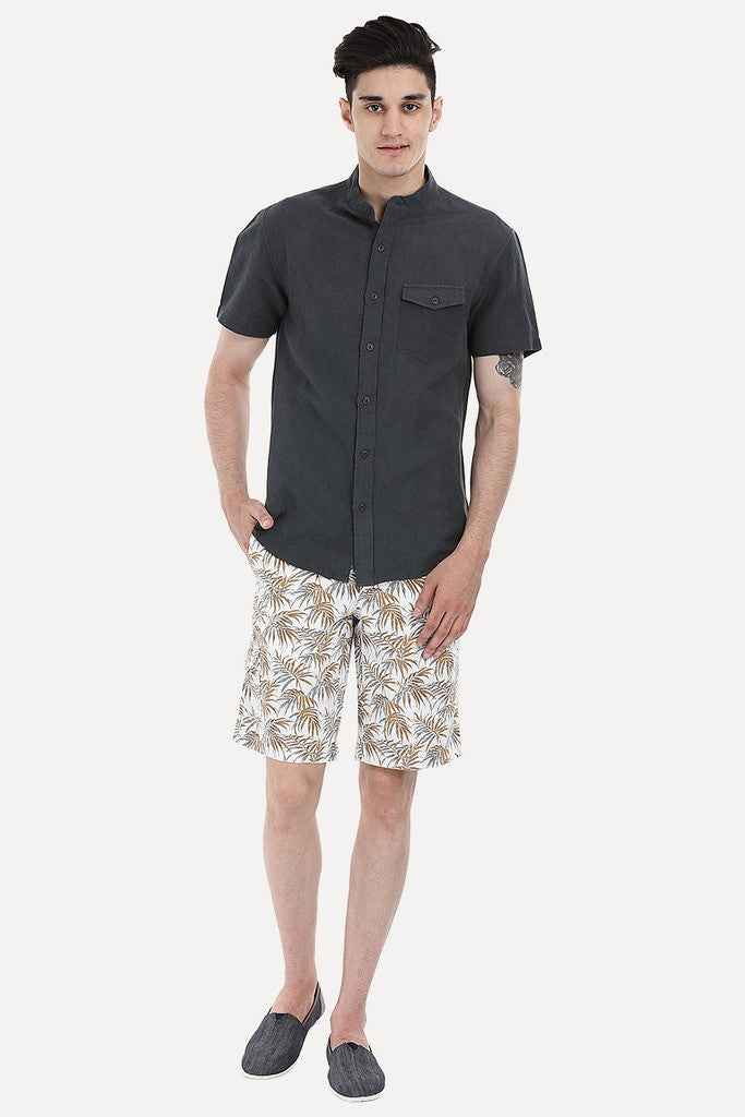 Short Sleeve Band-Collar Linen/Cotton Shirt