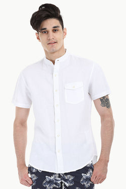 Short Sleeve Band-Collar Linen/Cotton Shirt