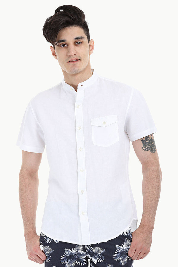 Short Sleeve Band-Collar Linen/Cotton Shirt