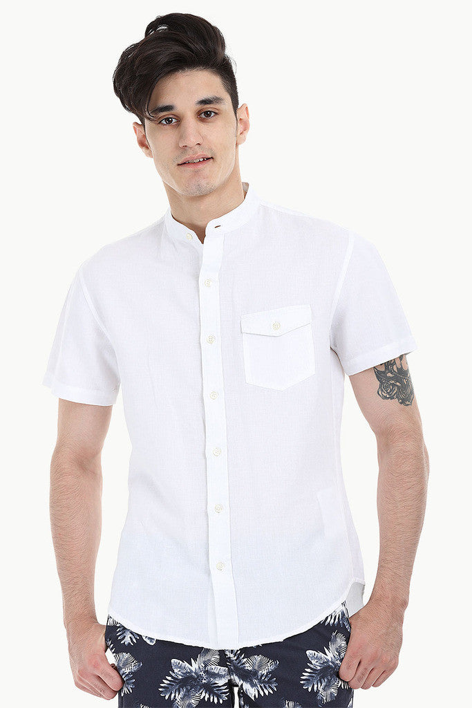 Short Sleeve Band-Collar Linen/Cotton Shirt