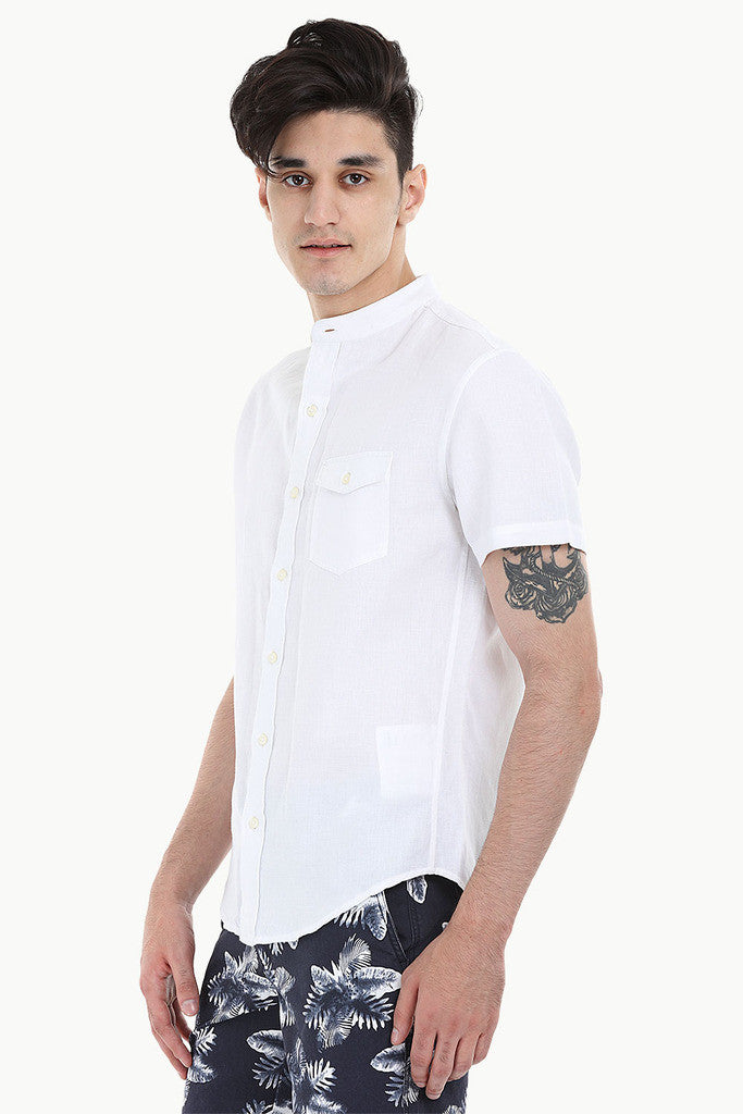 Short Sleeve Band-Collar Linen/Cotton Shirt