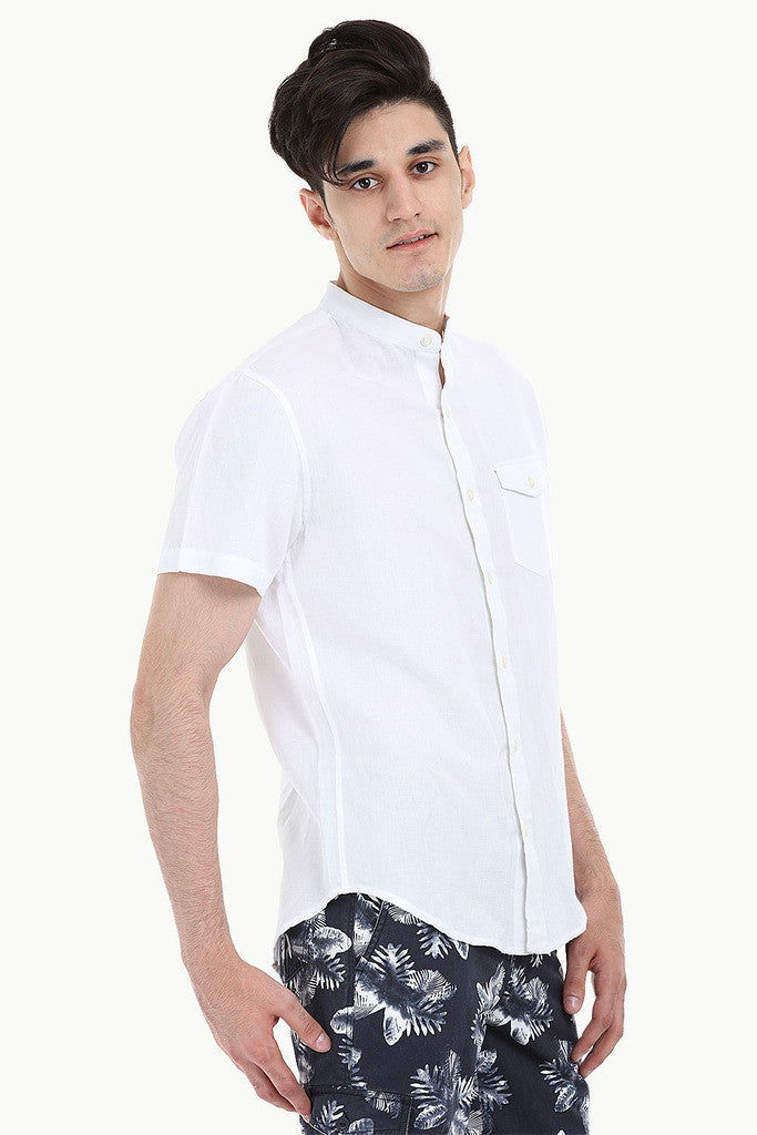 Short Sleeve Band-Collar Linen/Cotton Shirt