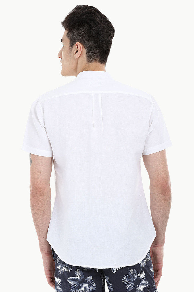 Short Sleeve Band-Collar Linen/Cotton Shirt