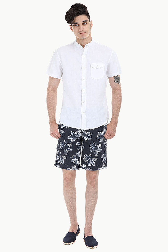Short Sleeve Band-Collar Linen/Cotton Shirt