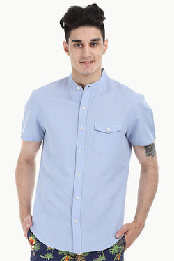 Short Sleeve Band-Collar Linen/Cotton Shirt