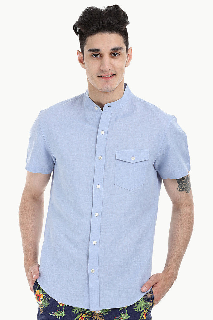 Short Sleeve Band-Collar Linen/Cotton Shirt