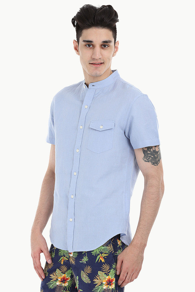 Short Sleeve Band-Collar Linen/Cotton Shirt
