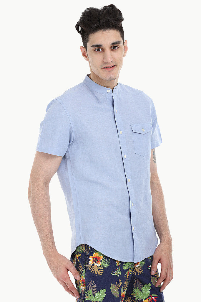 Short Sleeve Band-Collar Linen/Cotton Shirt