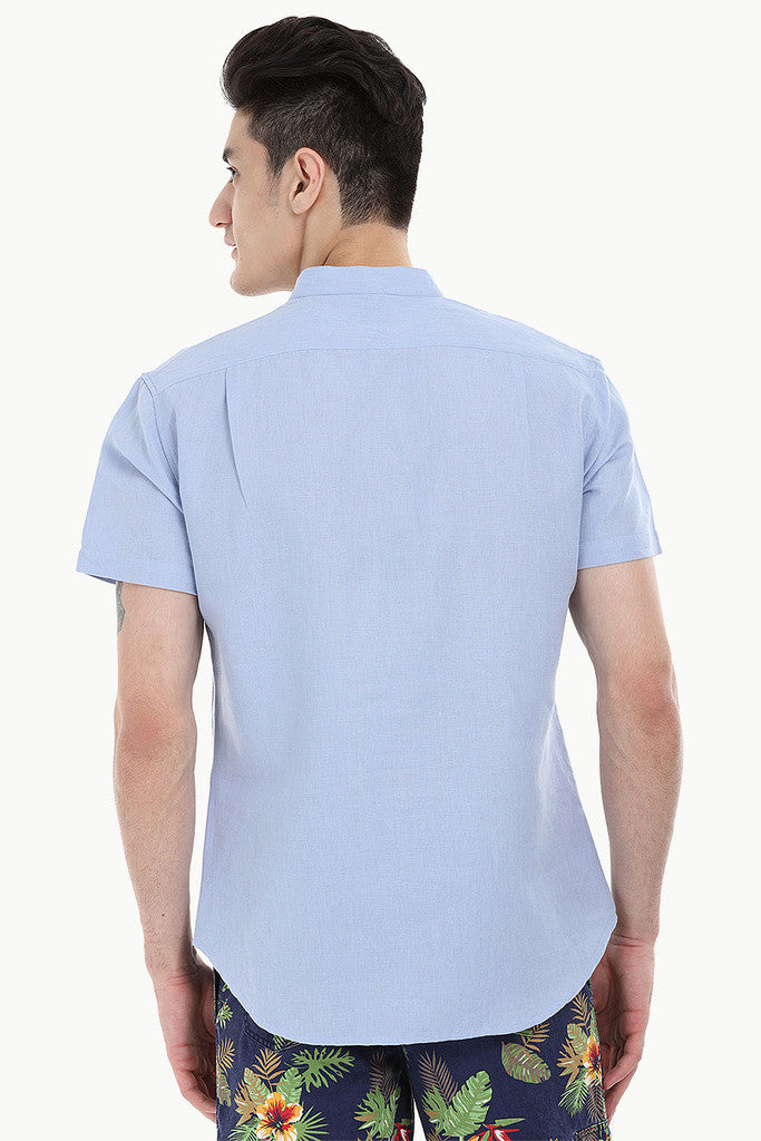 Short Sleeve Band-Collar Linen/Cotton Shirt