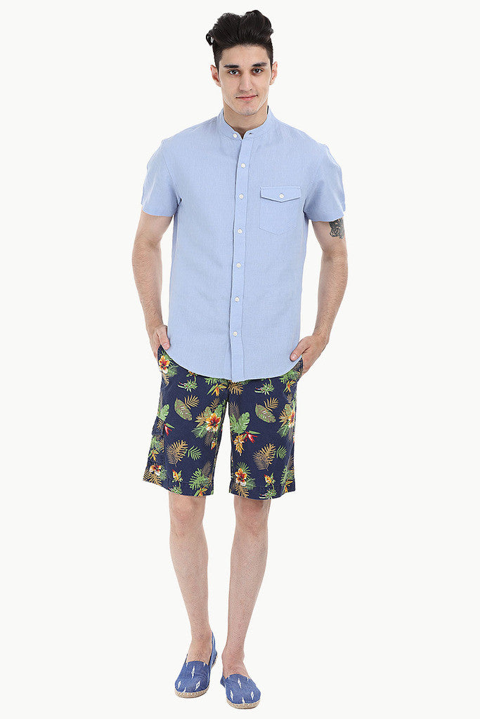 Short Sleeve Band-Collar Linen/Cotton Shirt