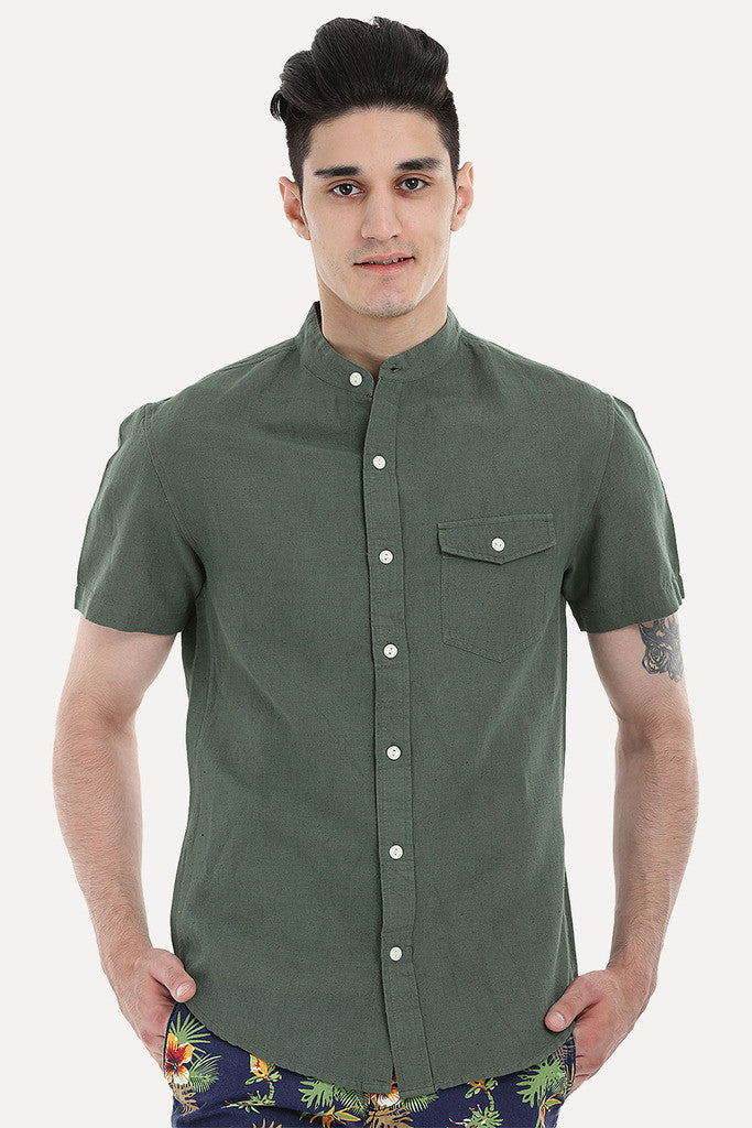 Short Sleeve Band-Collar Linen/Cotton Shirt
