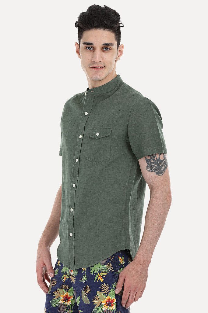 Short Sleeve Band-Collar Linen/Cotton Shirt